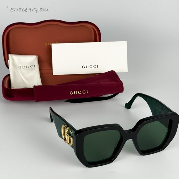 NEW Gucci GG0956S LOGO 001 Black Gold Green Rectangle Oversized Unisex Sunglasse - Picture 8 of 11